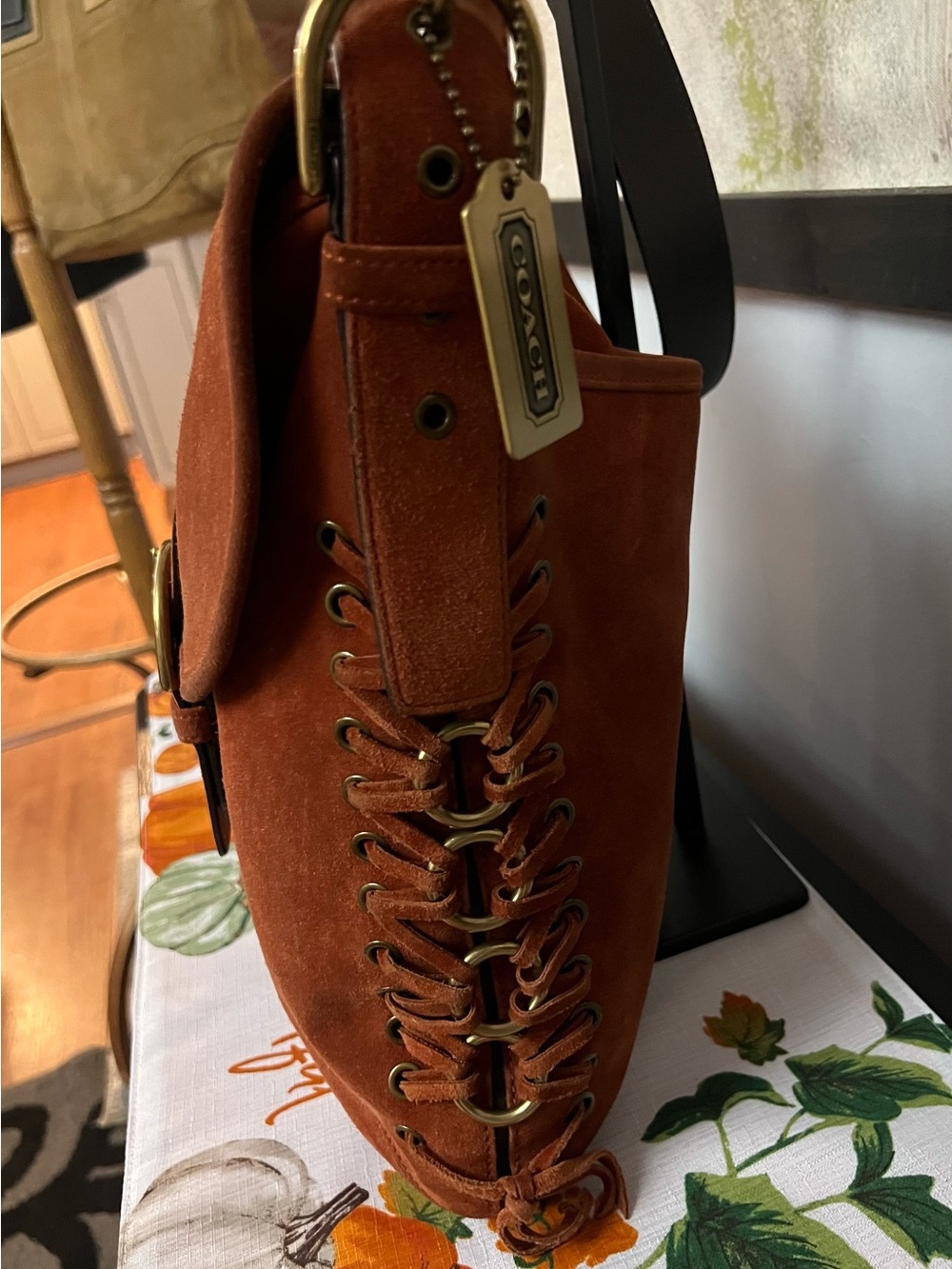 Vintage Coach Authentic Suede Braided Flap Shoulder Bag Rust - Picture 5 of 13